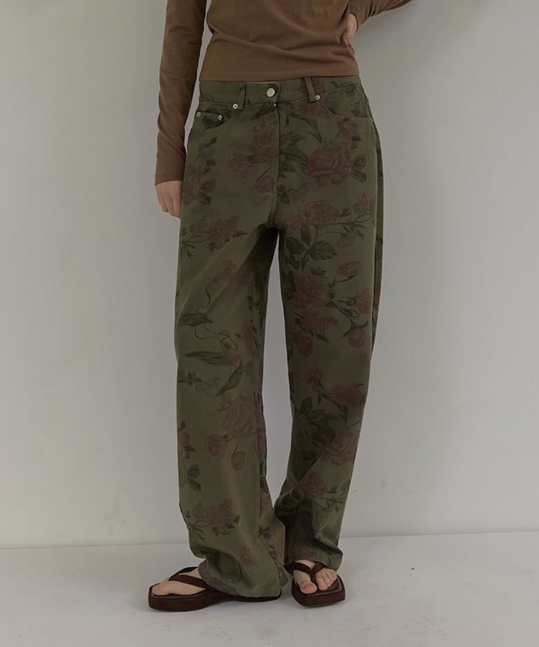 FLORAL COTTON WIDE PANTS (KHAKI)