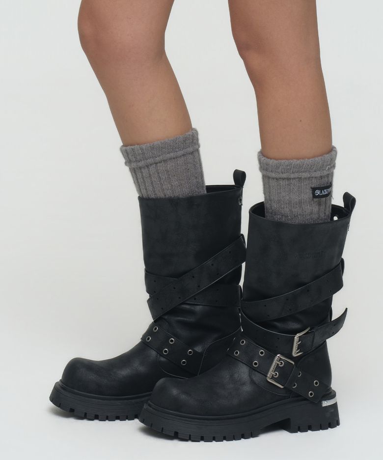 러스크  숏 스트랩 슬라우치드 부츠_블랙 Rusk Short Strap Slouched Boots_Black