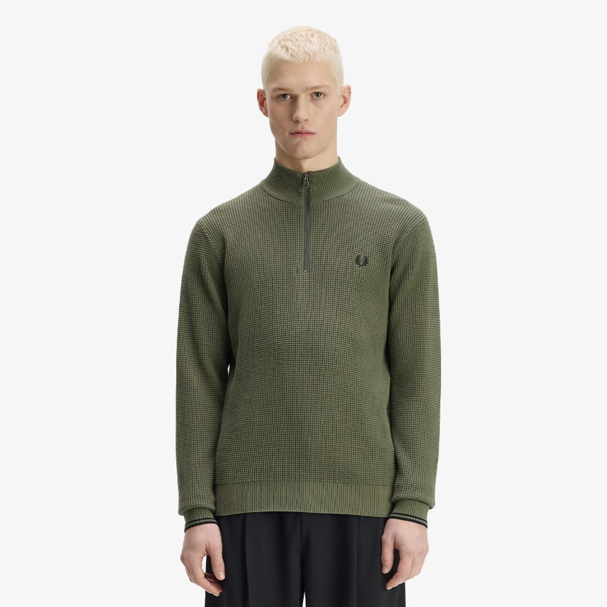 프레드페리(FRED PERRY) [Sharp] 와플 스티치 하프집 니트 - 로렐리스그린 AFPM2G38557-X21