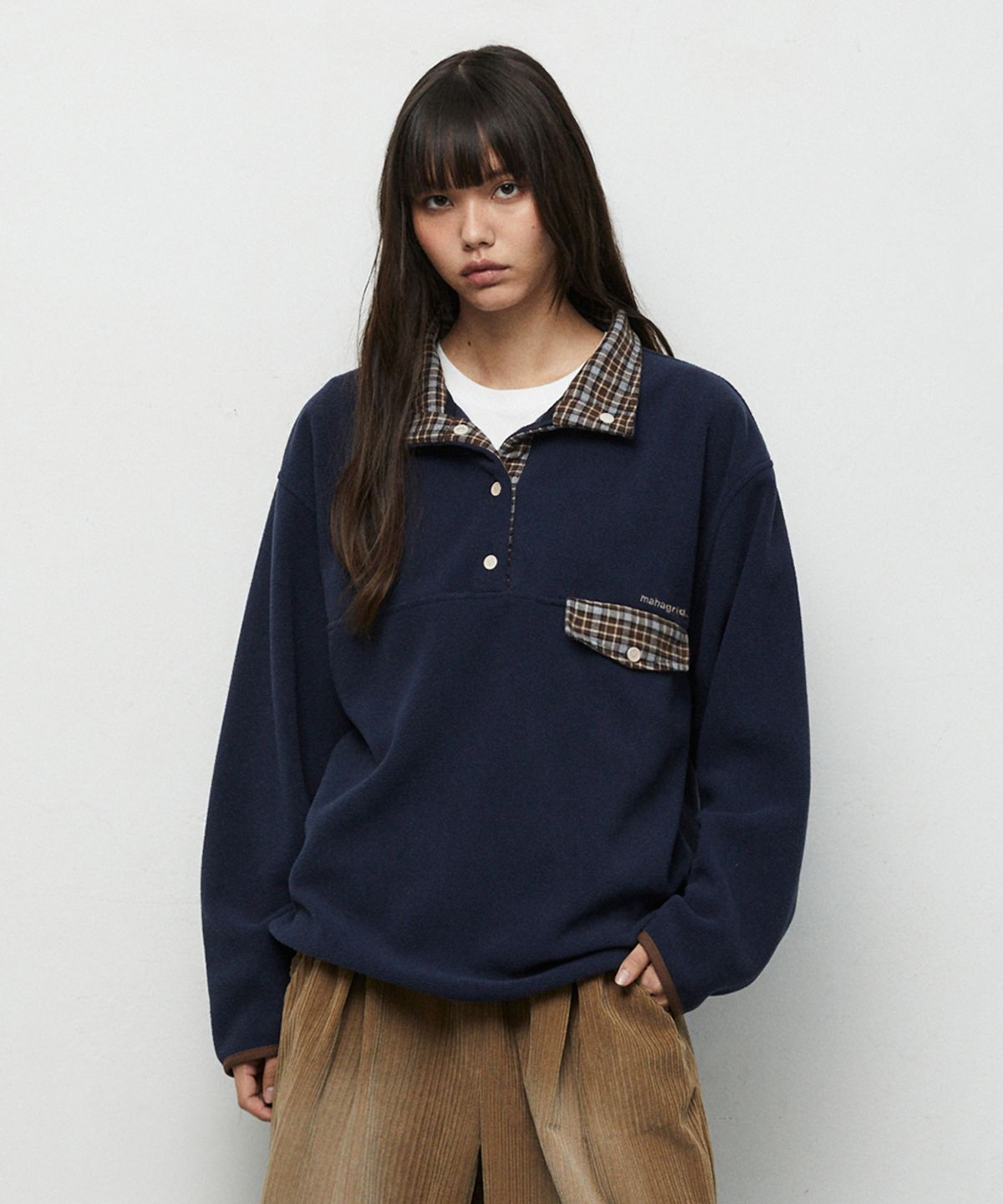 마하그리드(MAHAGRID) CHECK FLEECE ANORAK[NAVY]