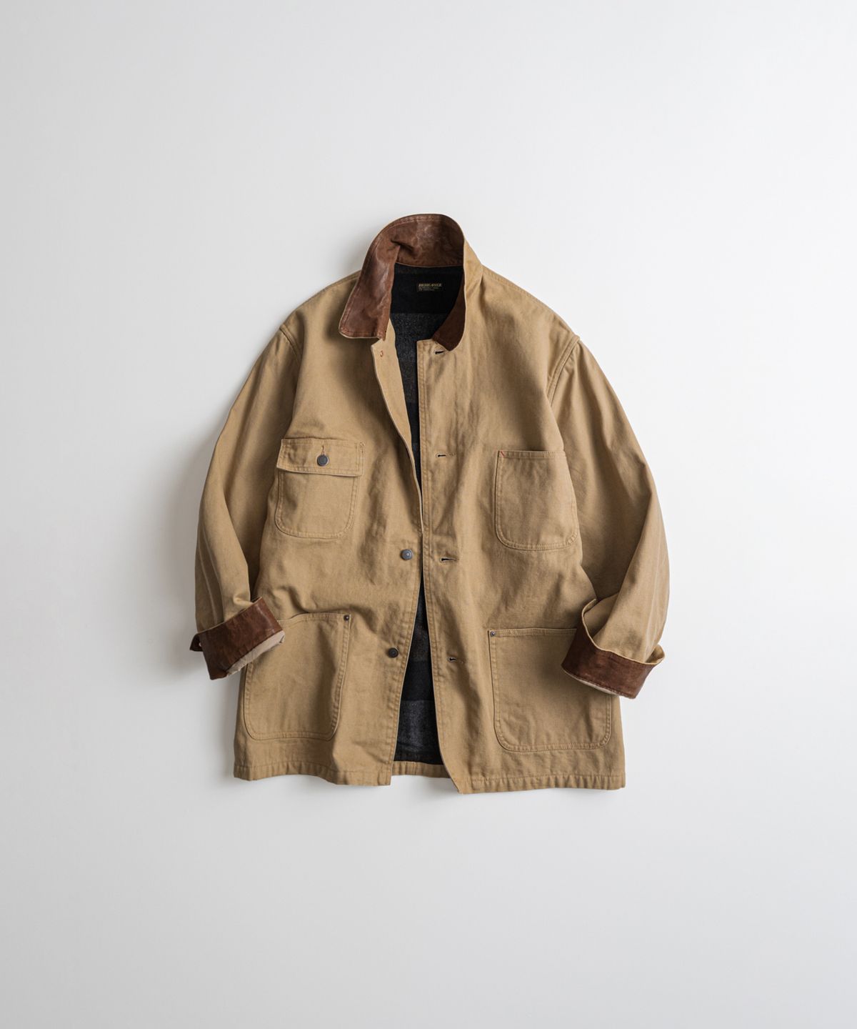 비헤비어(BEHEAVYER) WASHED LEATHER COLLAR COVERALL JACKET tan