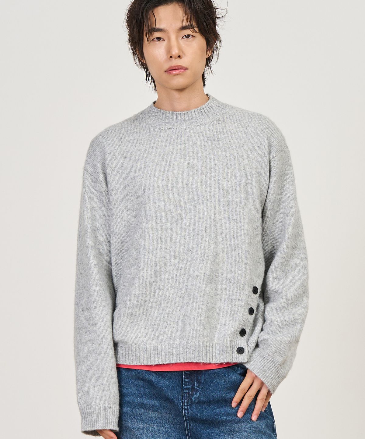 엑스컨테이너(EXCONTAINER) 모크넥 크롭 니트 (MELANGE GREY)