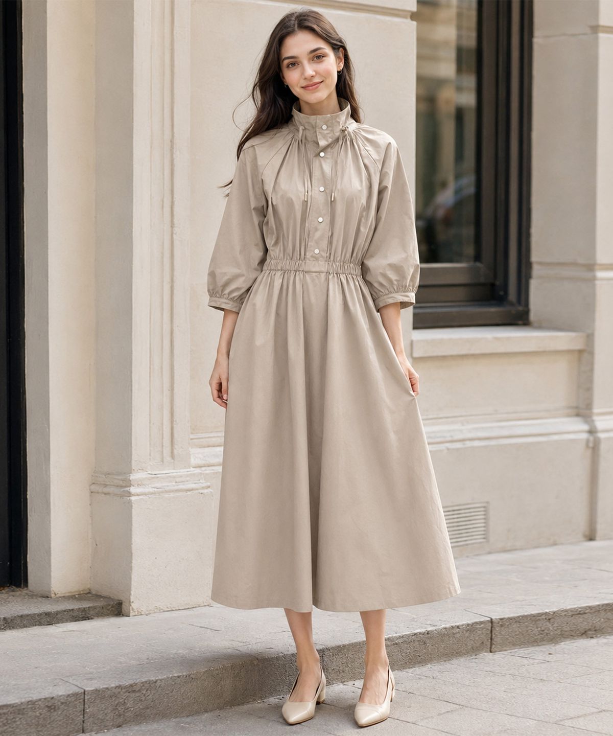 바스카라(VASCARA) High-neck Shirring A-line Flare Long Dress (2colors)