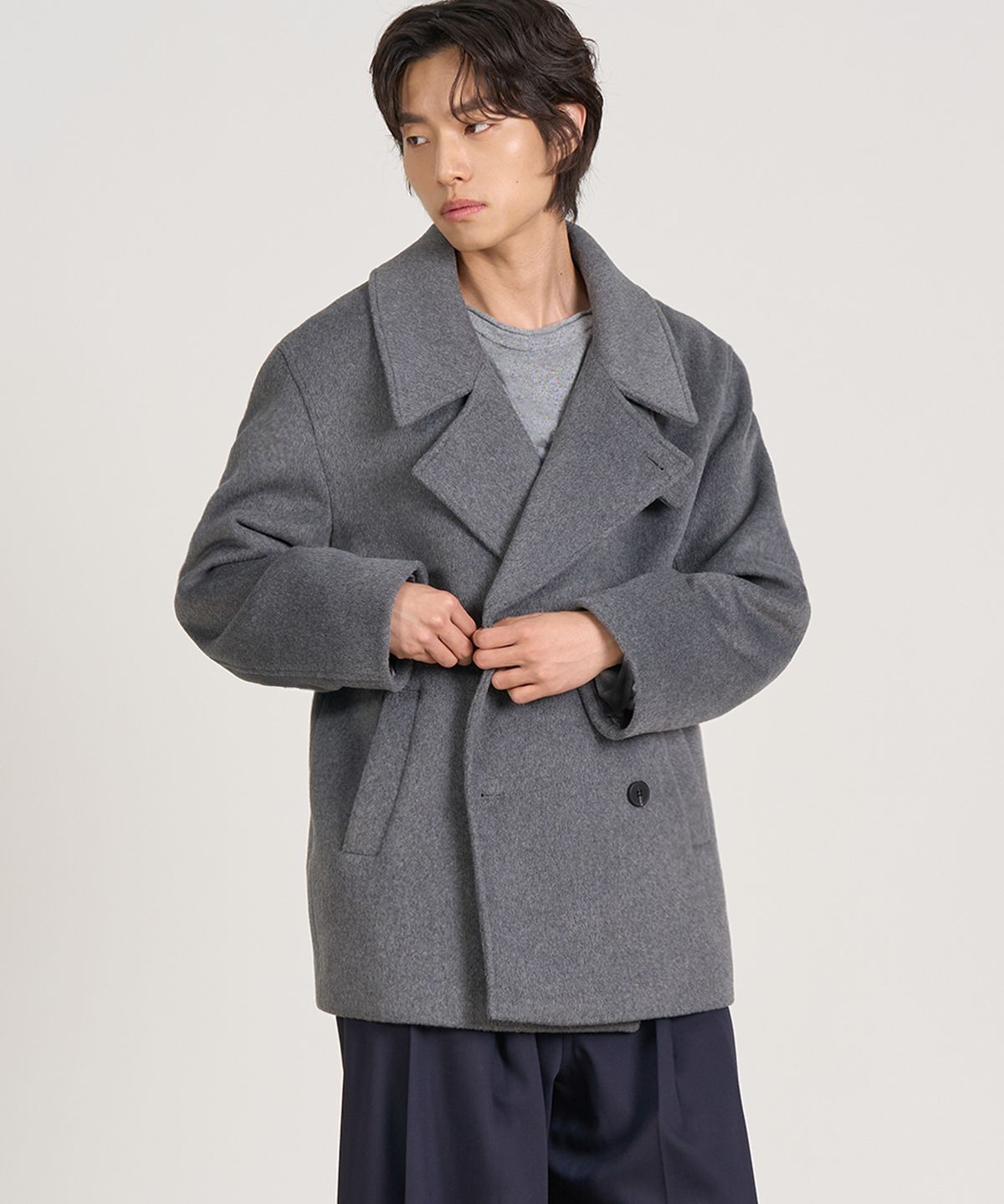 엑스컨테이너(EXCONTAINER) 더블 브레스티드 하프 코트 (GREY)