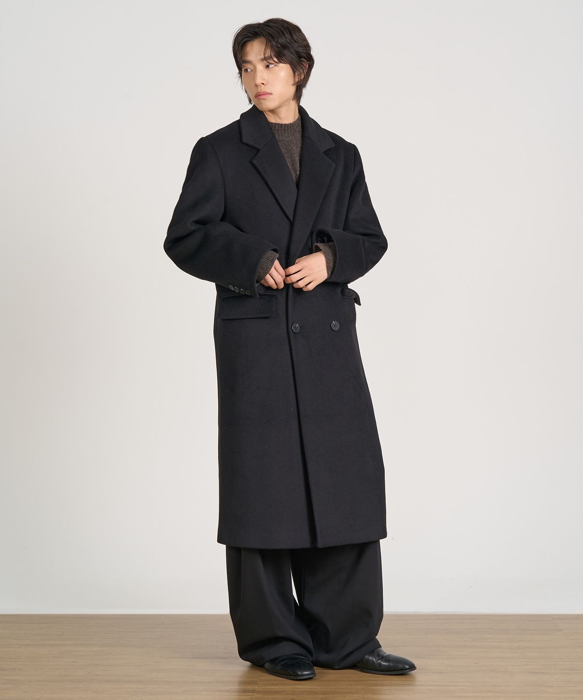 엑스컨테이너(EXCONTAINER) 테일러드 더블 롱 코트 (BLACK)
