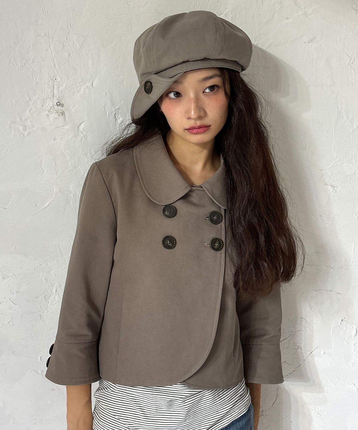 잇자바이브(ITZAVIBE) DOUBLE BUTTON COLLAR JACKET - TAUPE GRAY