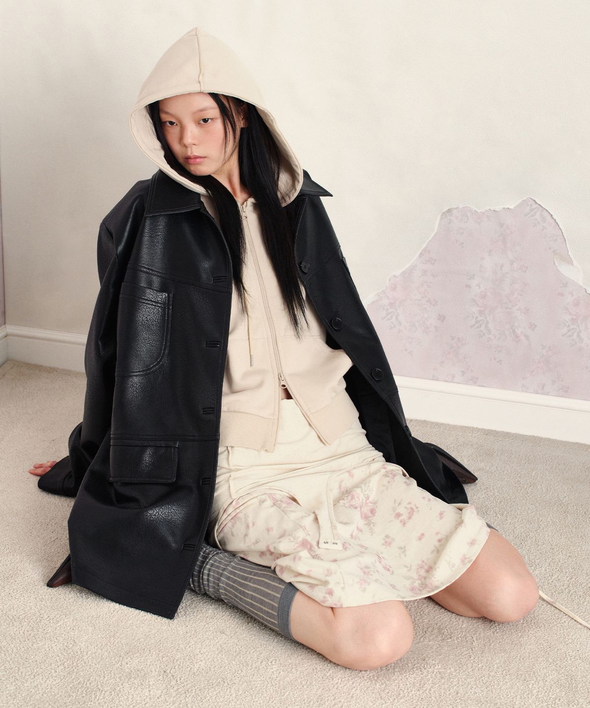 썬번프로젝트(SUNBURNPROJECT) FAUX LEATHER CAR COAT, BLACK