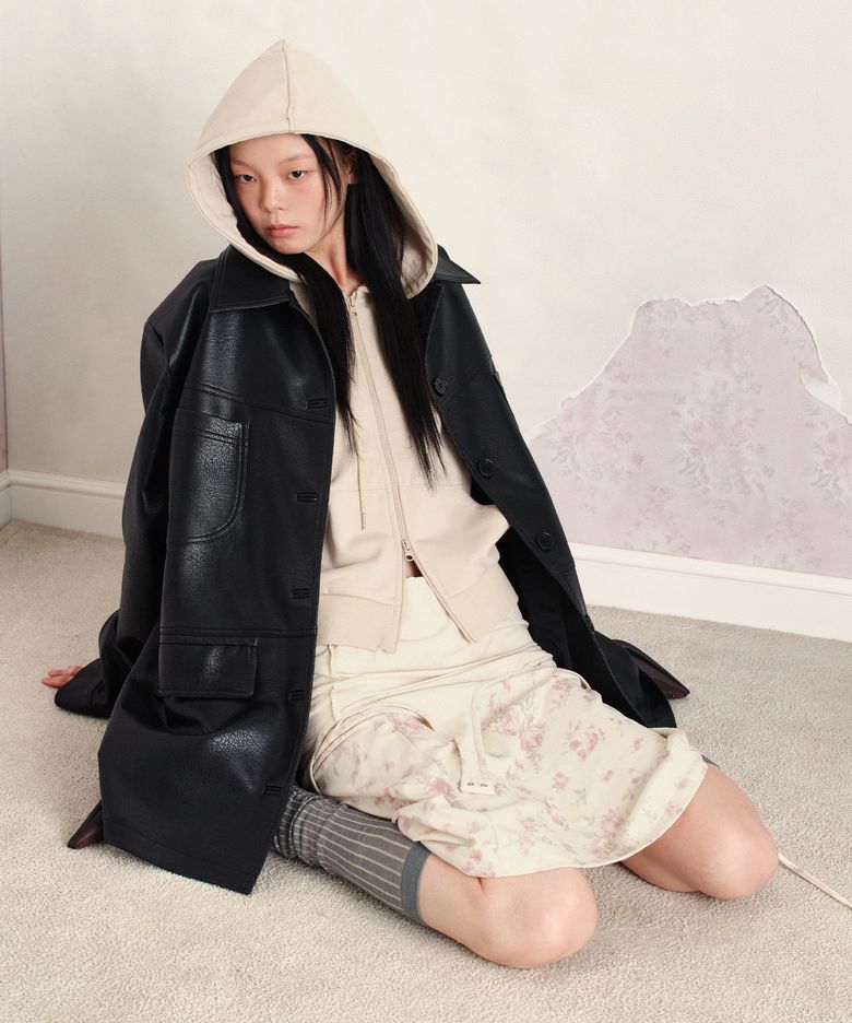 FAUX LEATHER CAR COAT, BLACK