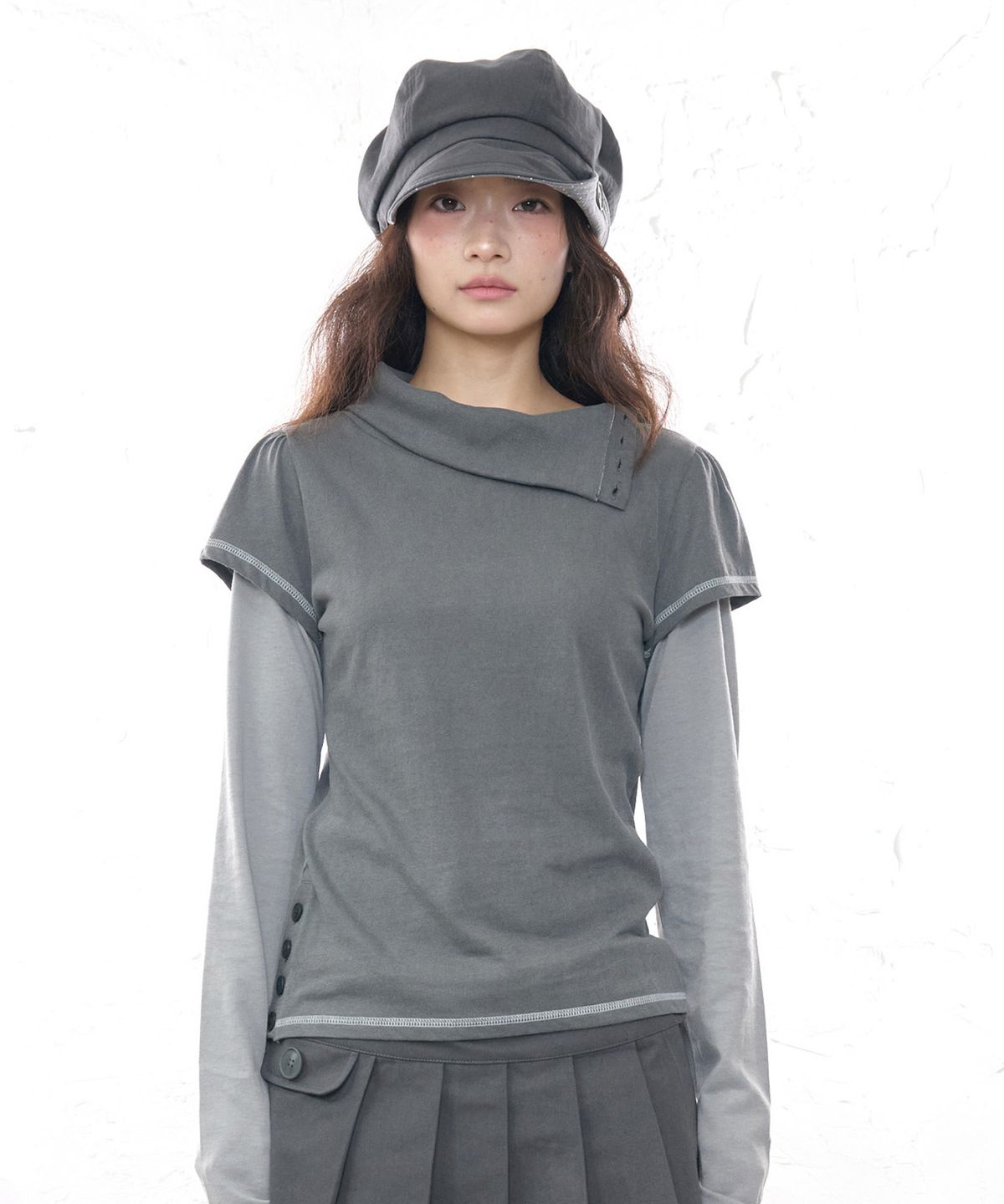잇자바이브(ITZAVIBE) COWL NECK LAYERED LONG SLEEVE - CHARCOAL