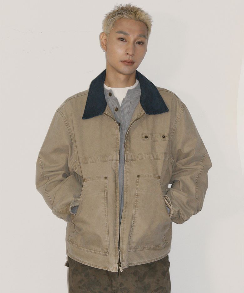 시티 카라 배색 리벳 포켓 오버핏 워싱 코튼 워크 긴팔 집업 자켓 [브라운]
