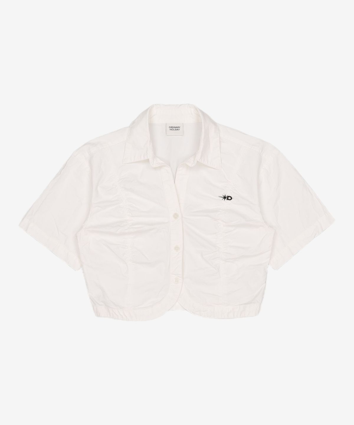오디너리 홀리데이(ORDINARY HOLIDAY) 셔링 라운드 크롭 셔츠 [LIGHT KHAKI] FREE