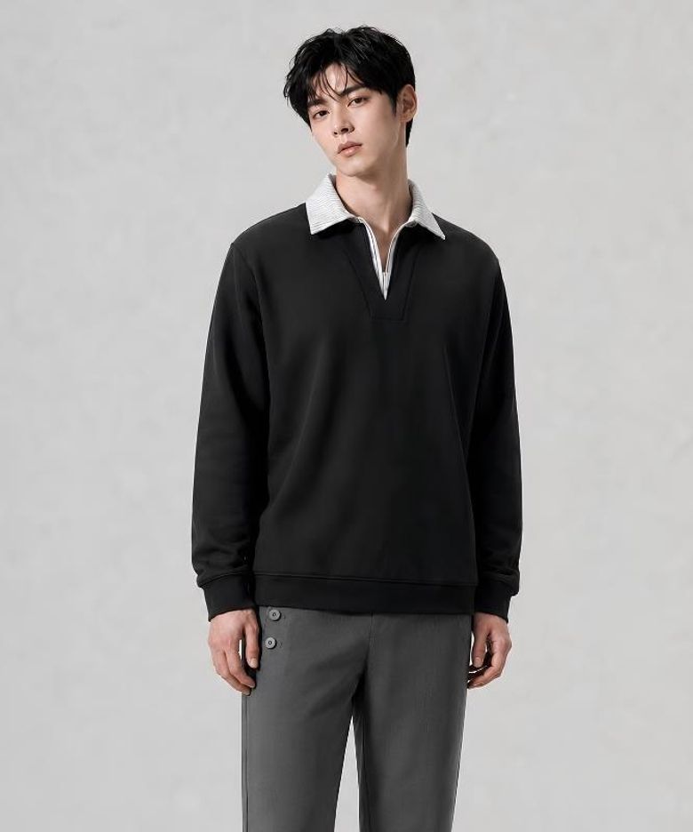 남성 스트라이프 배색카라 슬릿넥 폴로 스웨트셔츠 CXS26FKKT801 BLA