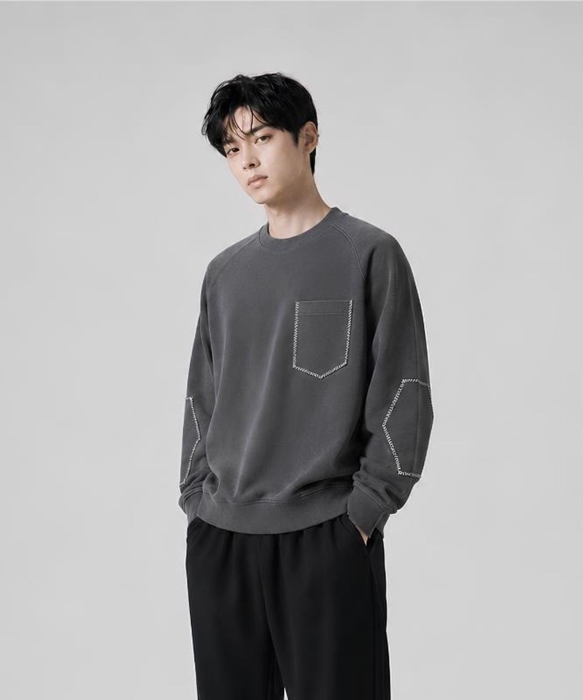 커스텀어스(CUSTOMUS) 남성 지그재그스티치 포켓 라운드넥 맨투맨 CXS26FKRT807 GRY