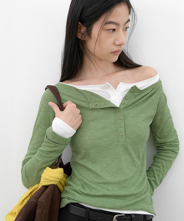 (T-7283)AN SOFT HENLEY NECK LONG SLEEVELESS TOP