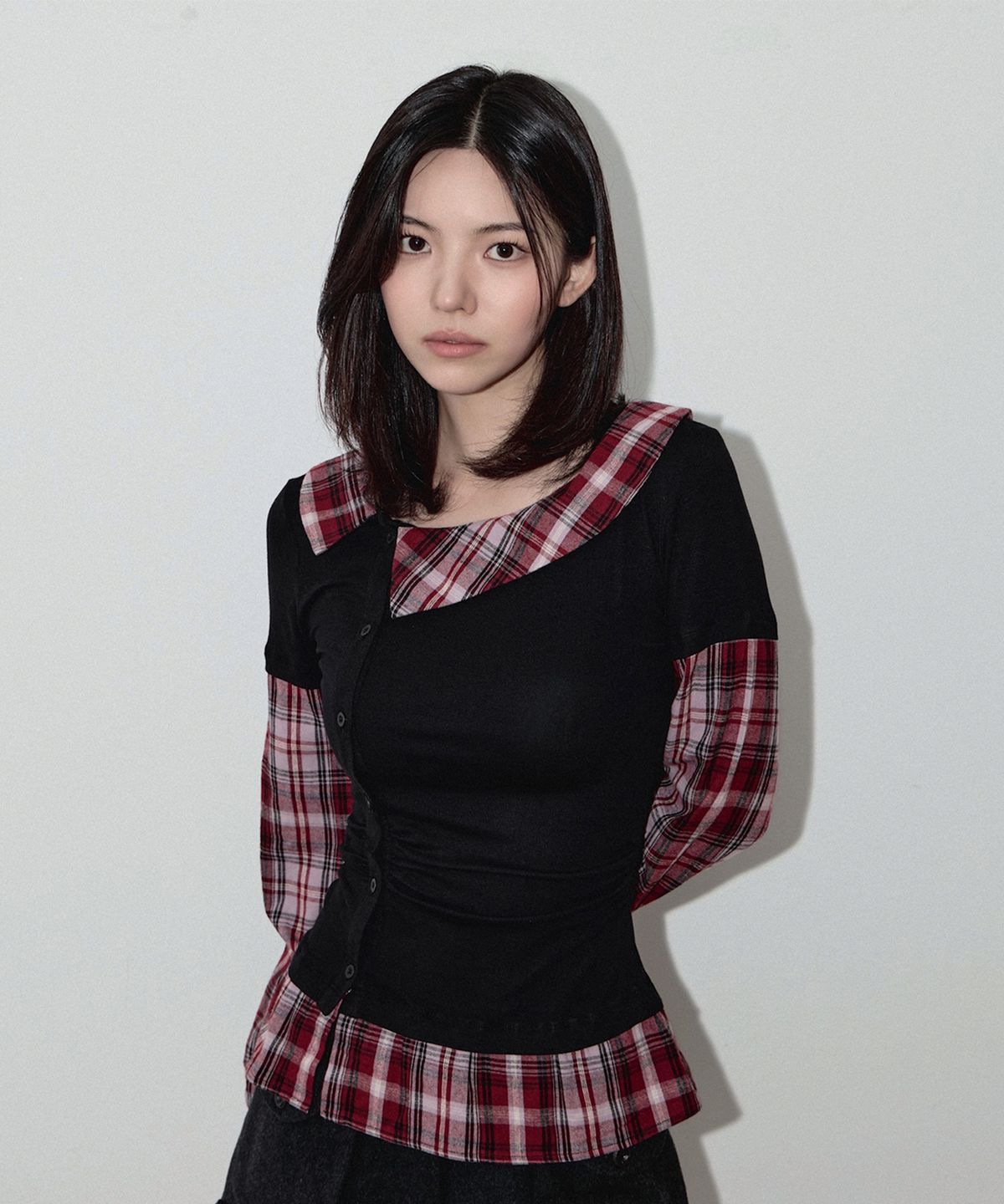 세울(SSEUL) 일체형 체크 레이어드 셔츠 블라우스 블랙