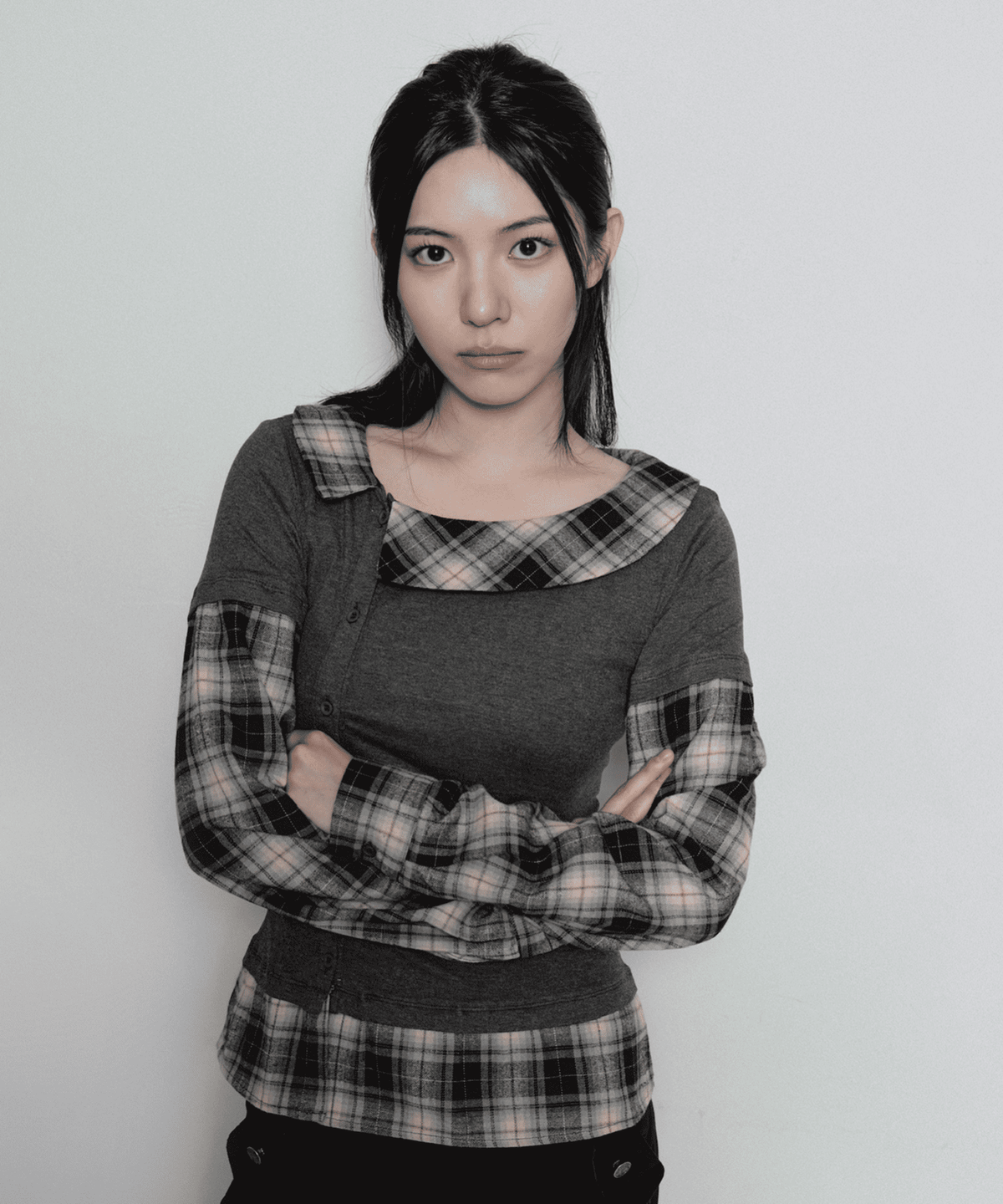 세울(SSEUL) 일체형 체크 레이어드 셔츠 블라우스 차콜