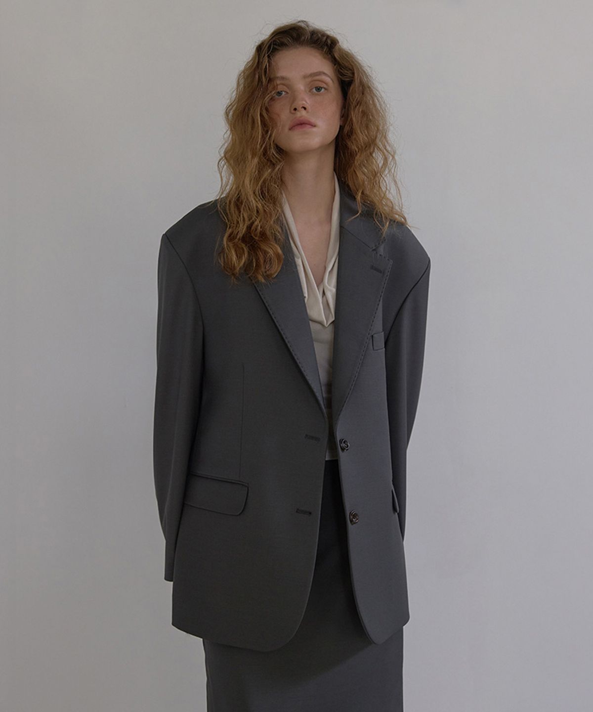 론크(LONQUE) STITCH OVERSIZED SINGLE JACKET (GRAY)