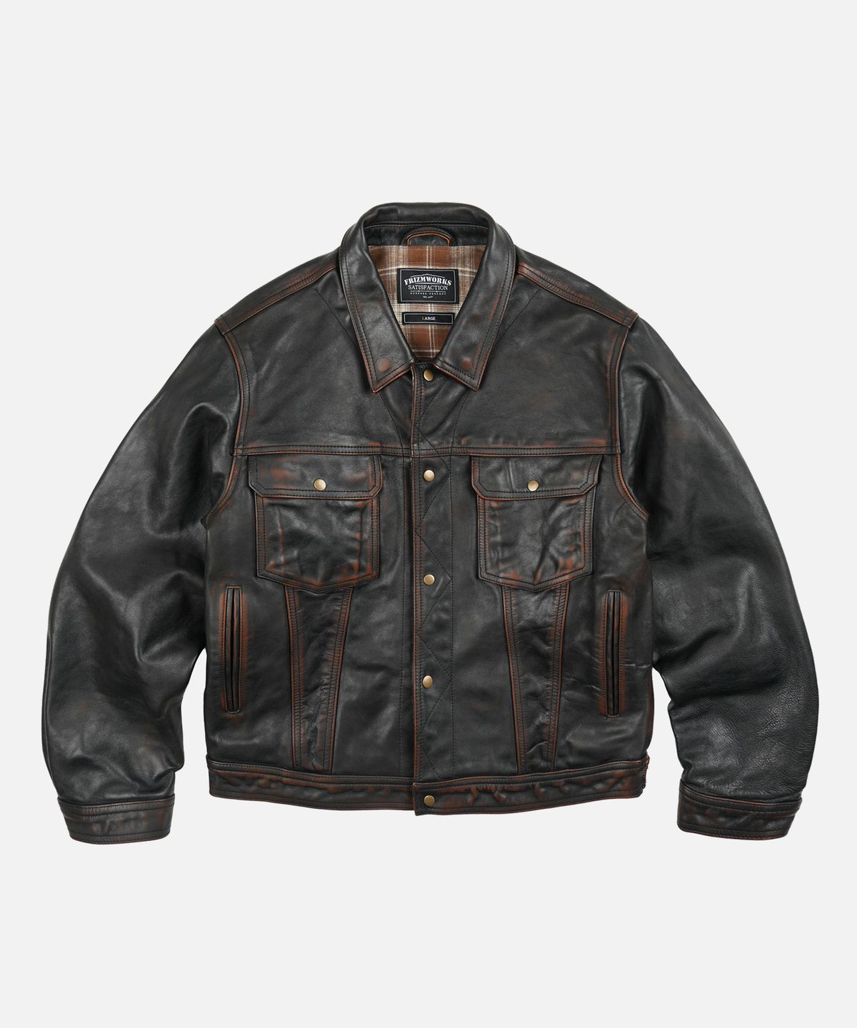 프리즘웍스(FRIZMWORKS) COWHIDE STORM TRUCKER JACKET _ WASHED BROWN