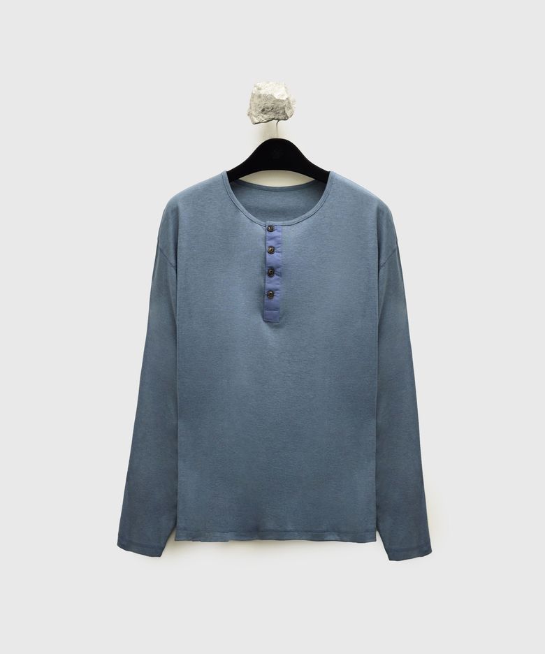 Henley-neck L/S T-shirt - Blue