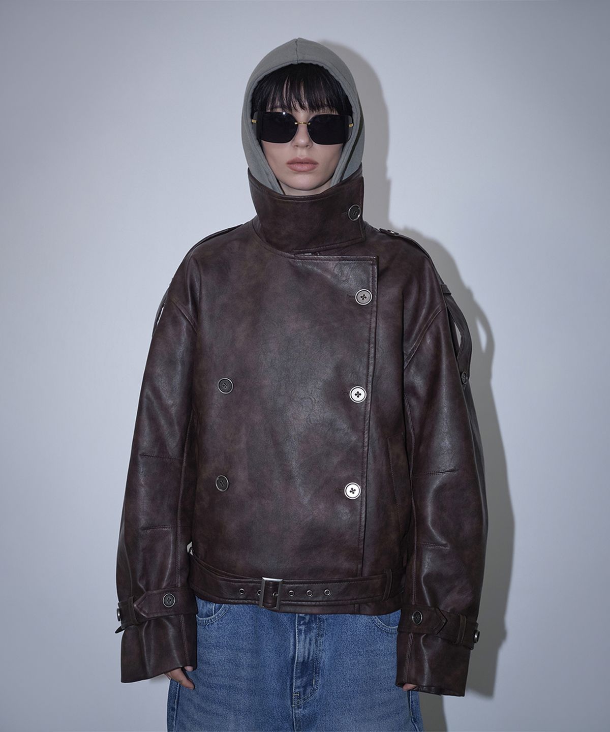 로타입(ROUGHTYPE) High-neck Belted Leather Jacket - Burgundy