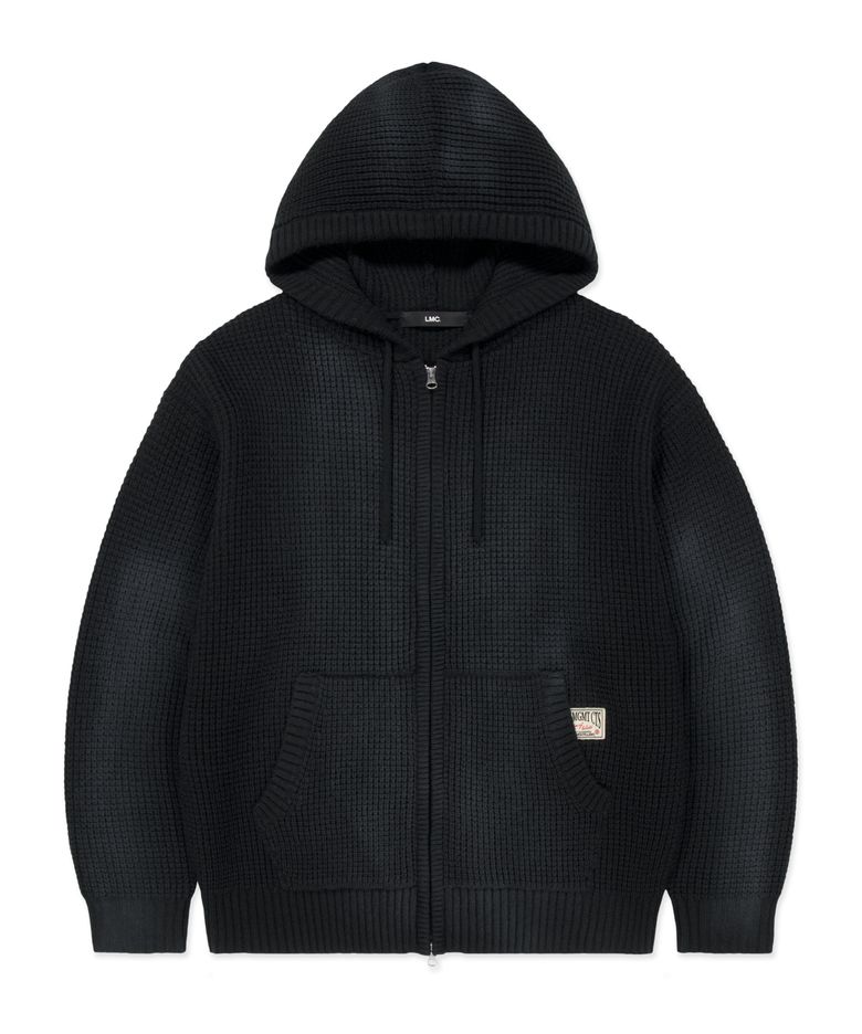 SPRAY DYED WAFFLE KNIT ZIP-UP black