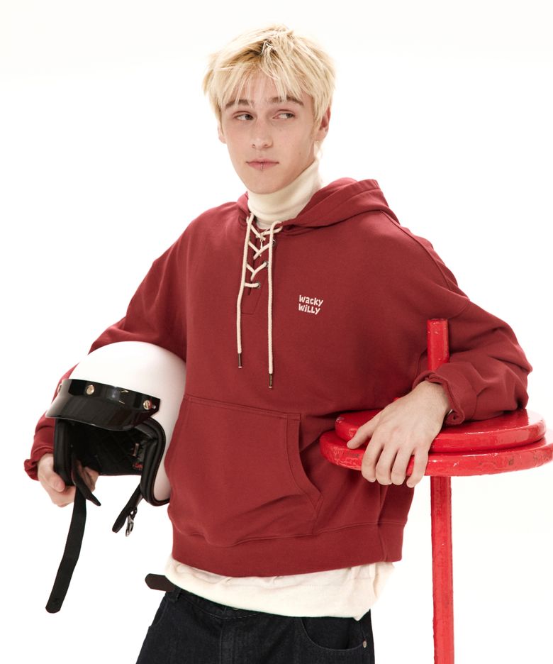 레이스업 스몰 로고 후드 레드