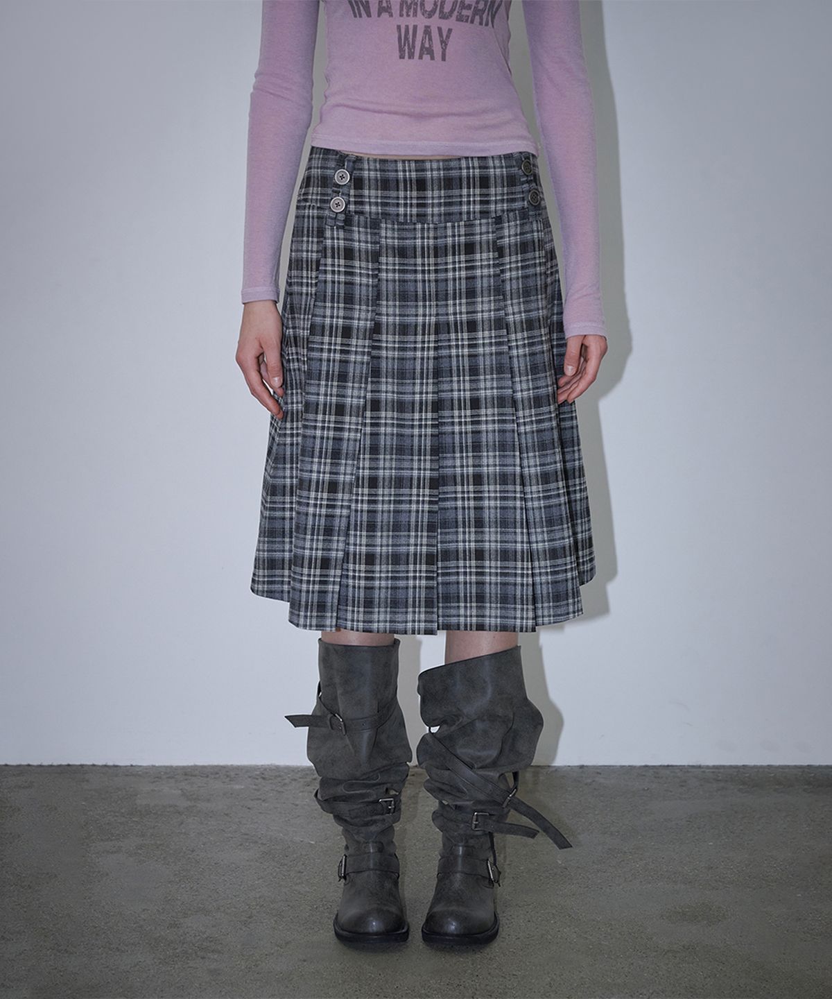 로타입(ROUGHTYPE) Double-belt Pleated Skirt - Gray