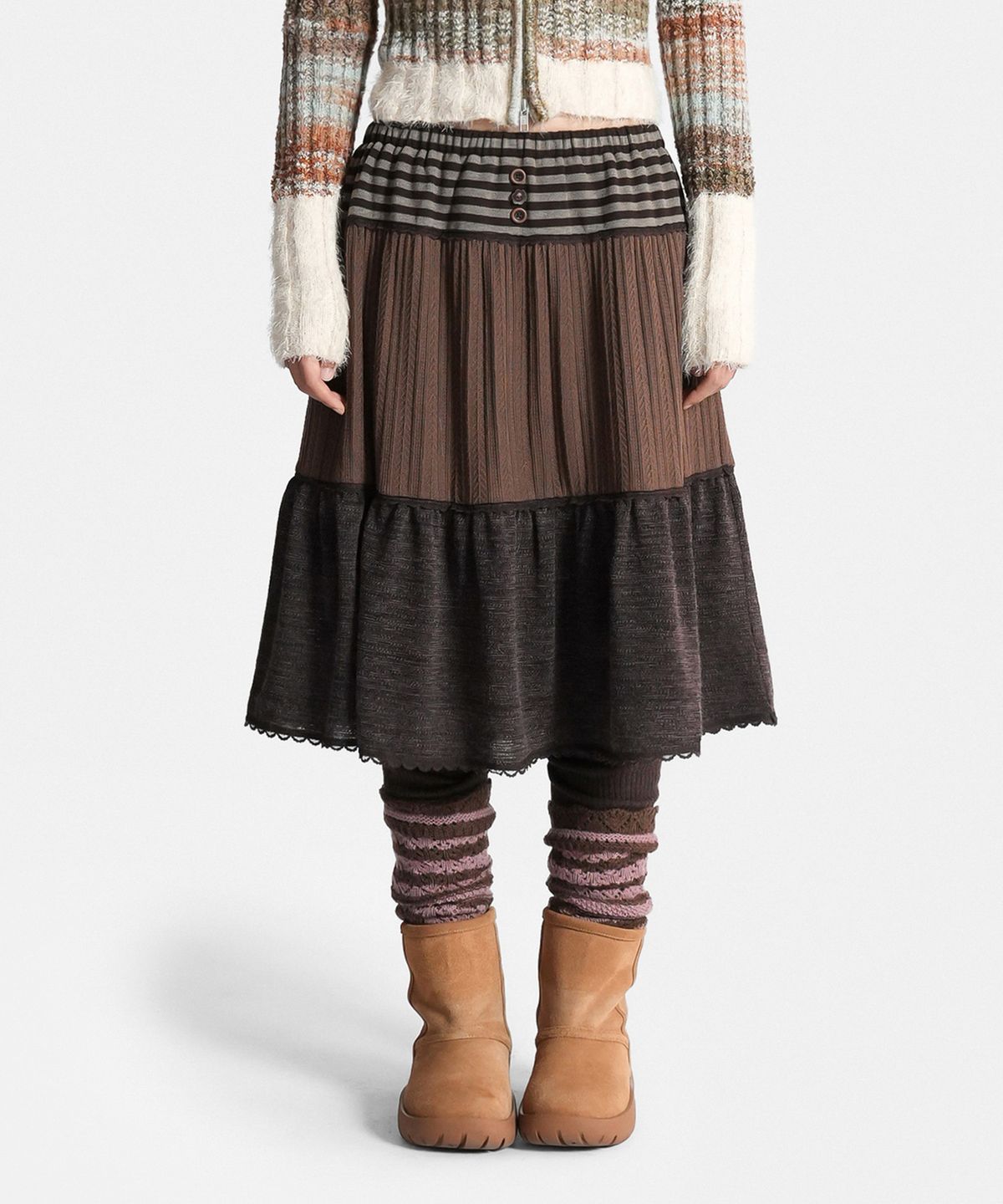 지도트(JIDOT) LAYERED KNIT TIERED SKIRT BROWN