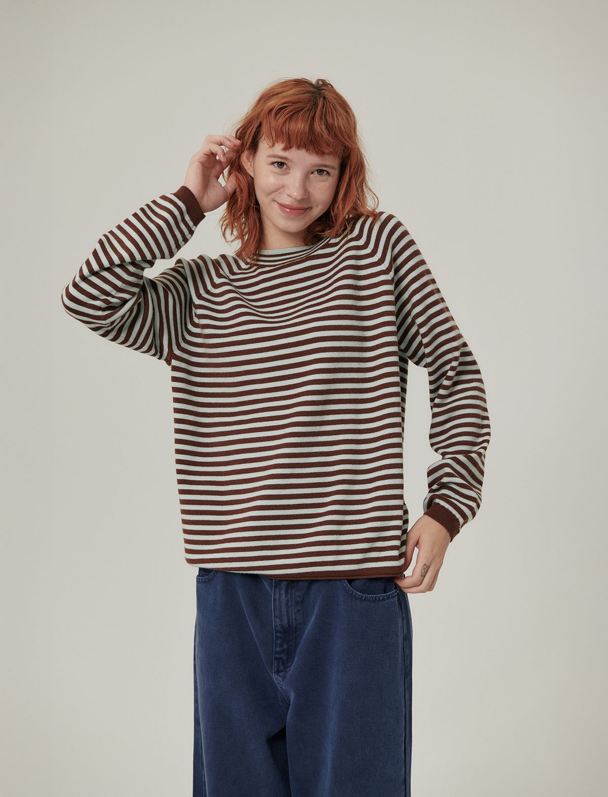 플랫웨이브 인 서울(FLATWAVE IN SEOUL) Weyve Stripe Loose Fit Round Knit Brown/Mint