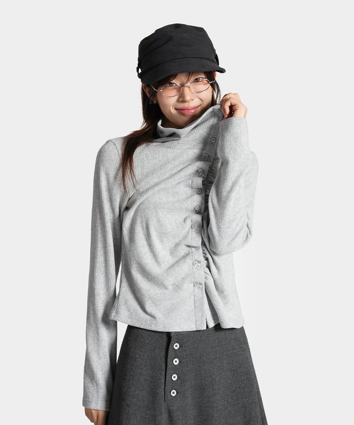 지도트(JIDOT) 2-WAY SHIRRED HIGH NECK CARDIGAN GRAY