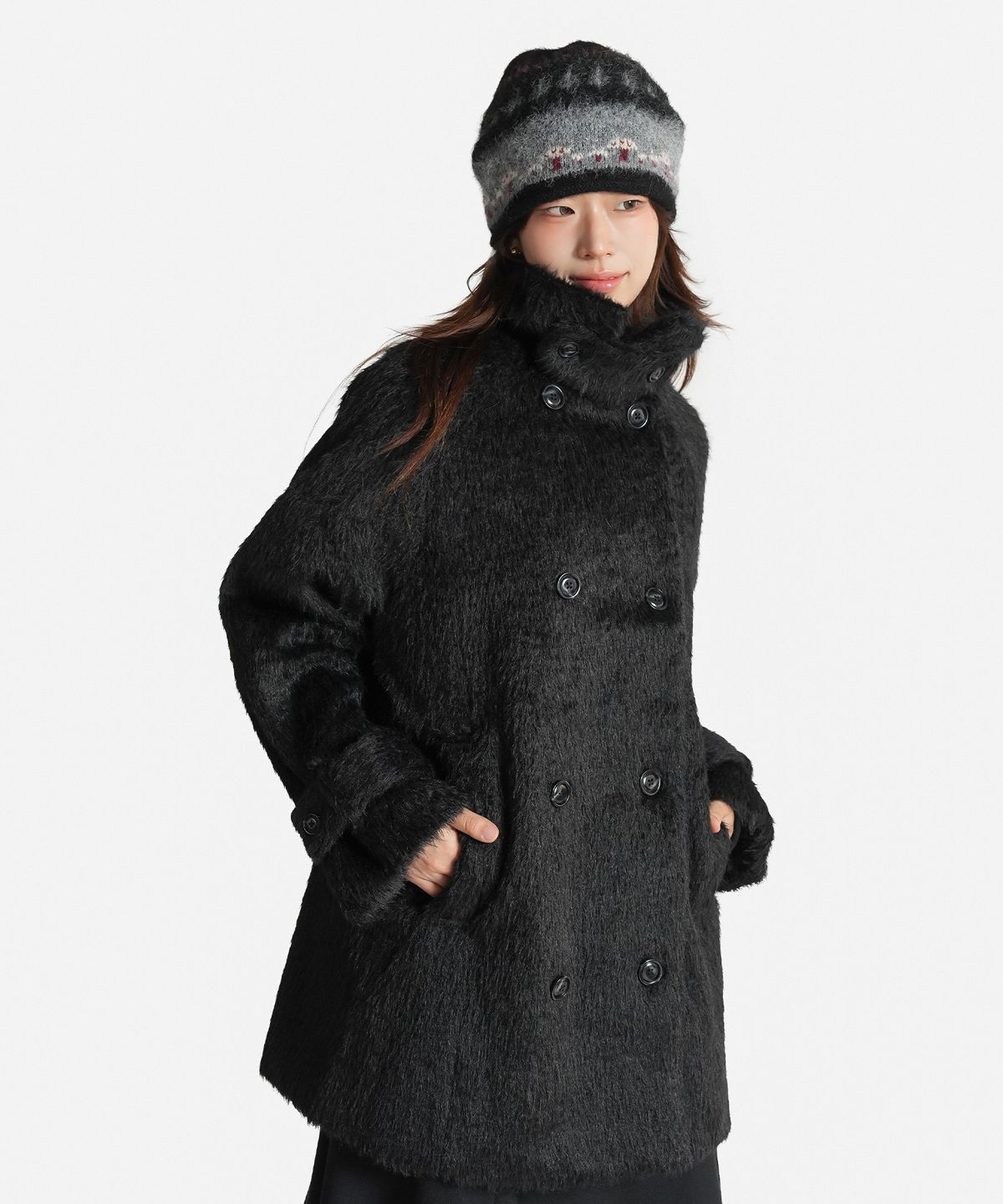 지도트(JIDOT) HIGH NECK DOUBLE FUR COAT BLACK