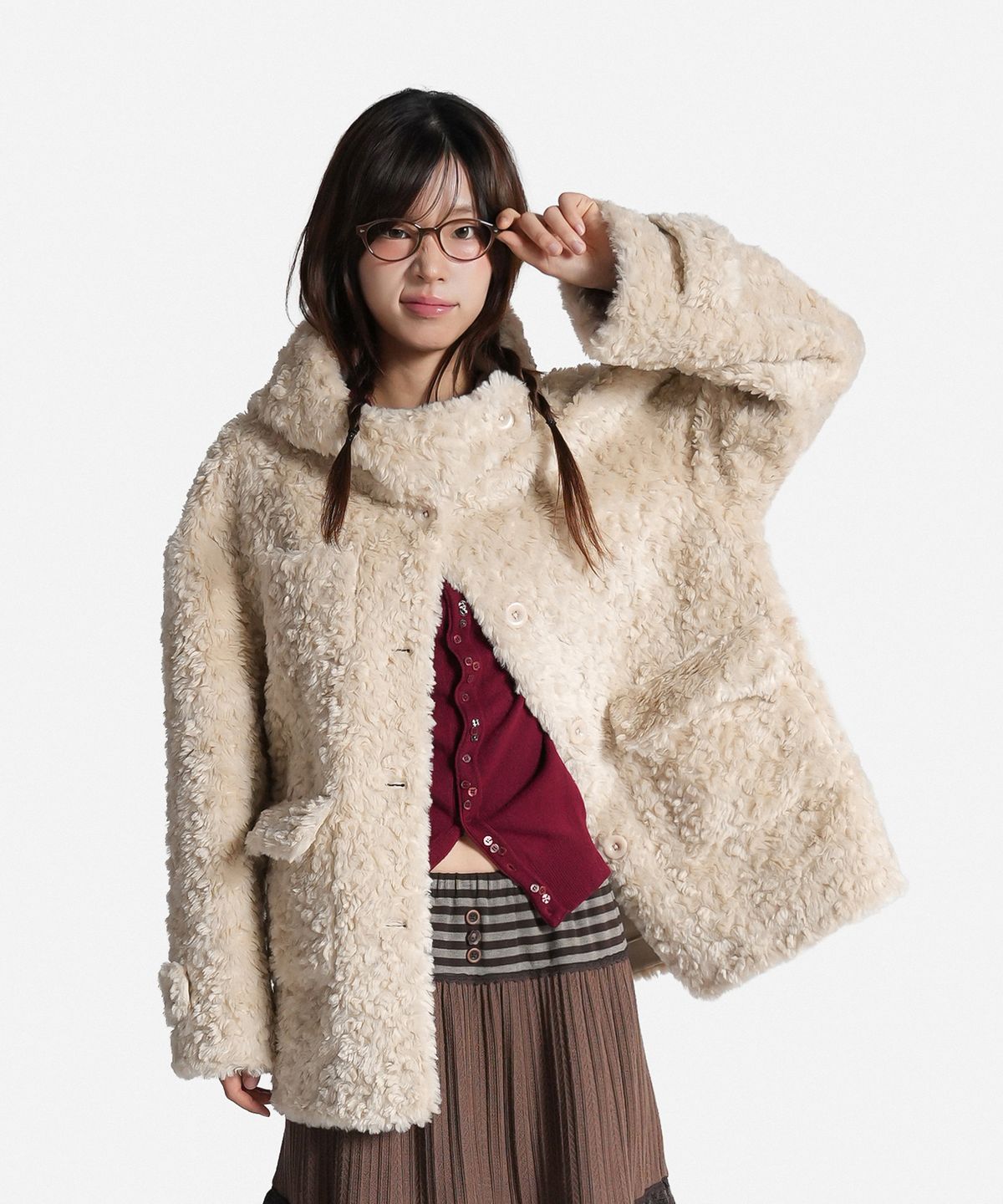 지도트(JIDOT) BOUCLE FUR HIGH NECK HOODED COAT BEIGE