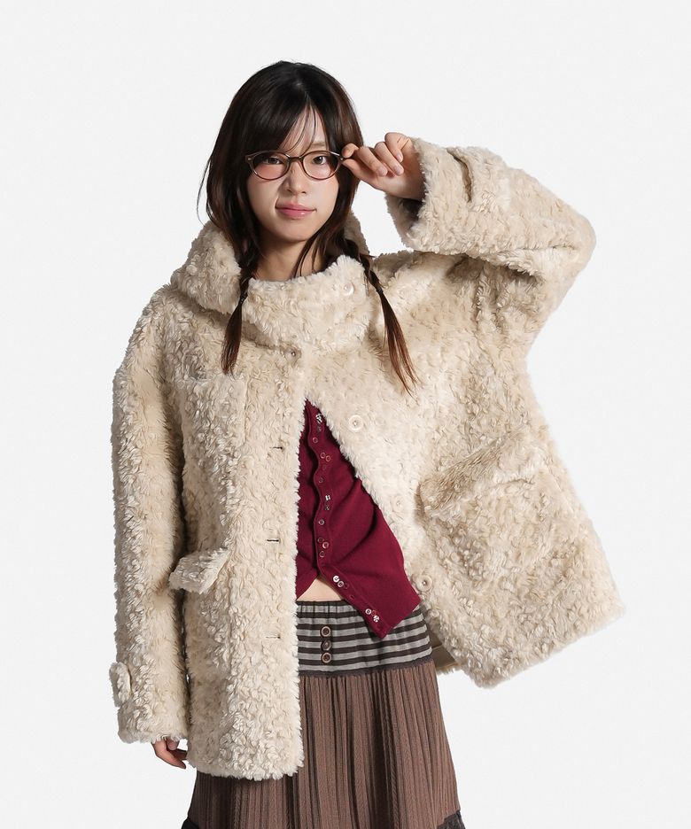 BOUCLE FUR HIGH NECK HOODED COAT BEIGE