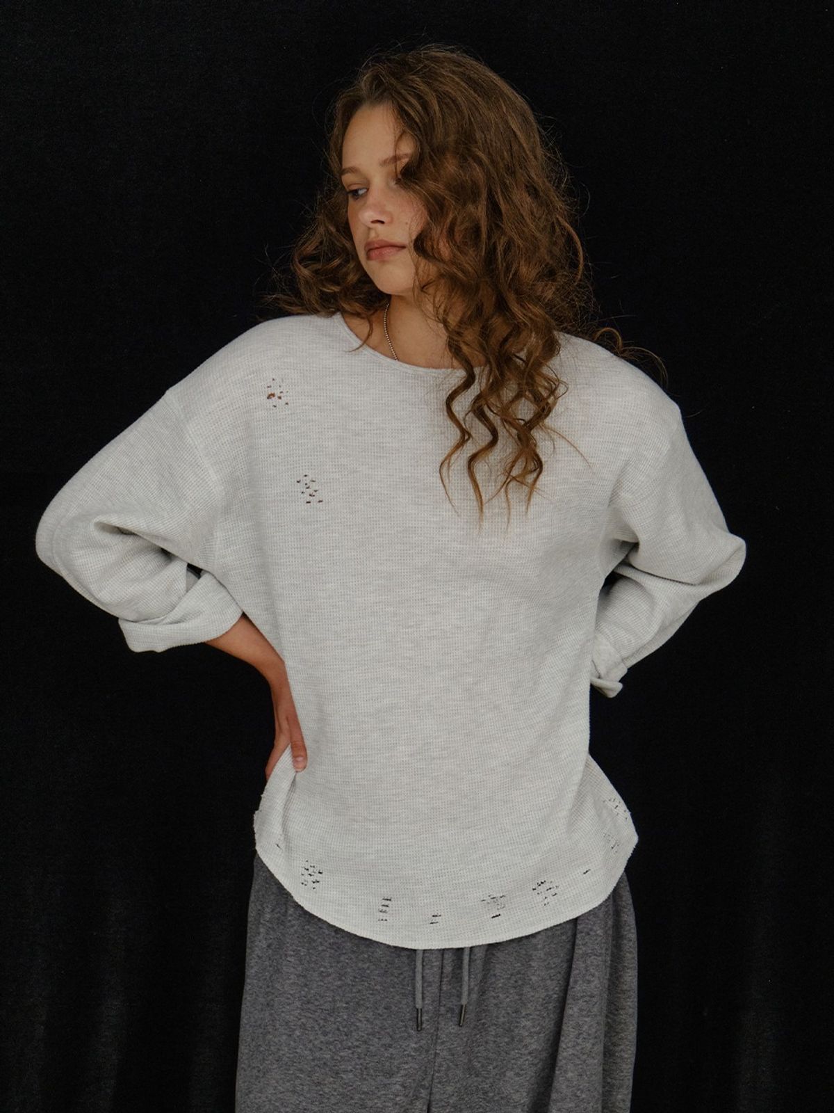 플리즈프로젝트(PLZPROJECT) DAMAGE WAFFLE LONG SLEEVE, WHITE MELANGE