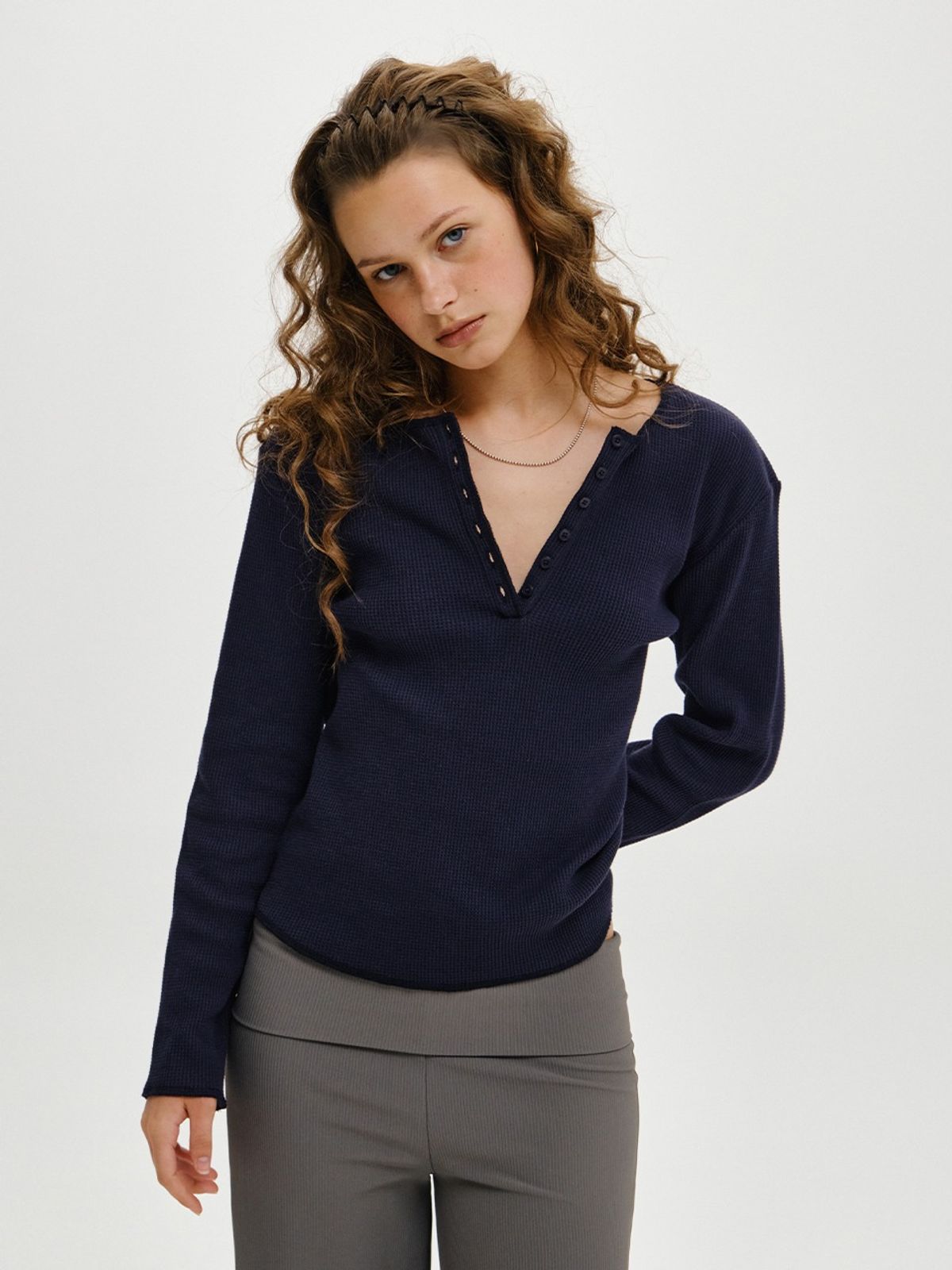 플리즈프로젝트(PLZPROJECT) REGULAR WAFFLE HENLEY LONG SLEEVE, NAVY