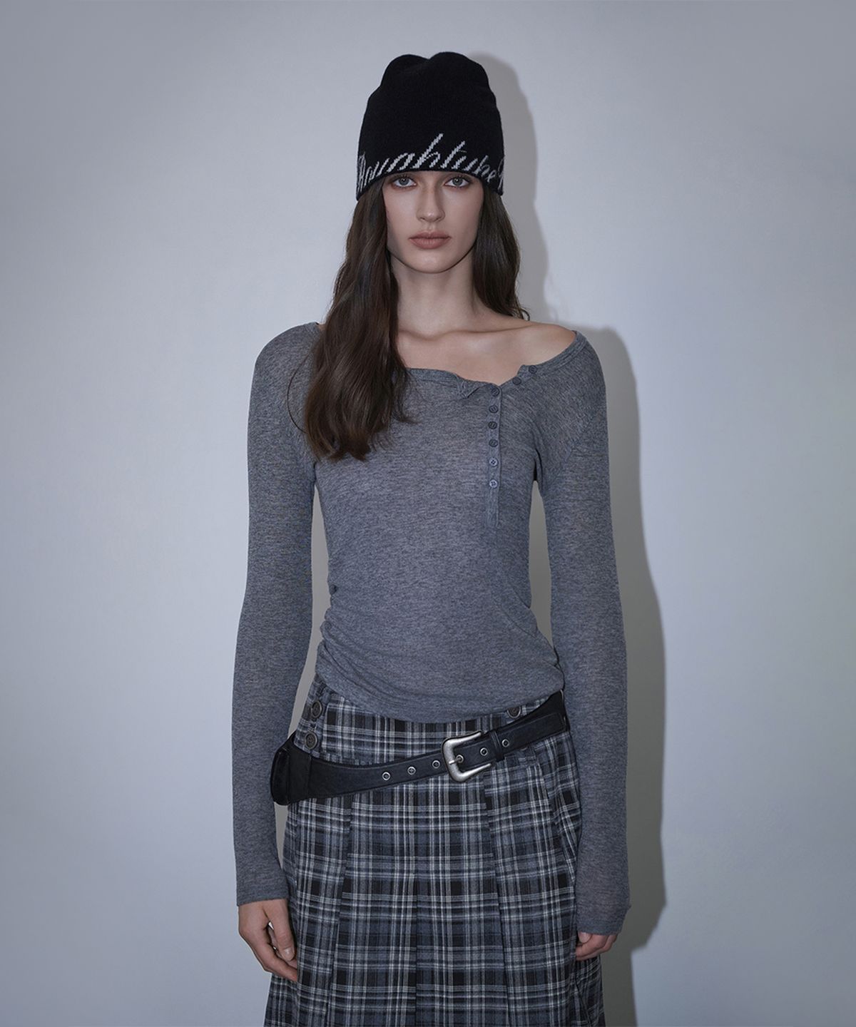 로타입(ROUGHTYPE) Unbalanced Henley Neck Sheer Long Sleeve - Gray