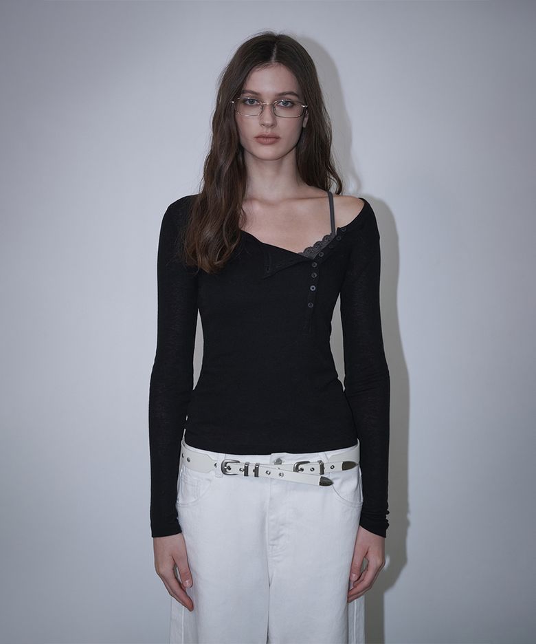 Unbalanced Henley Neck Sheer Long Sleeve - Black