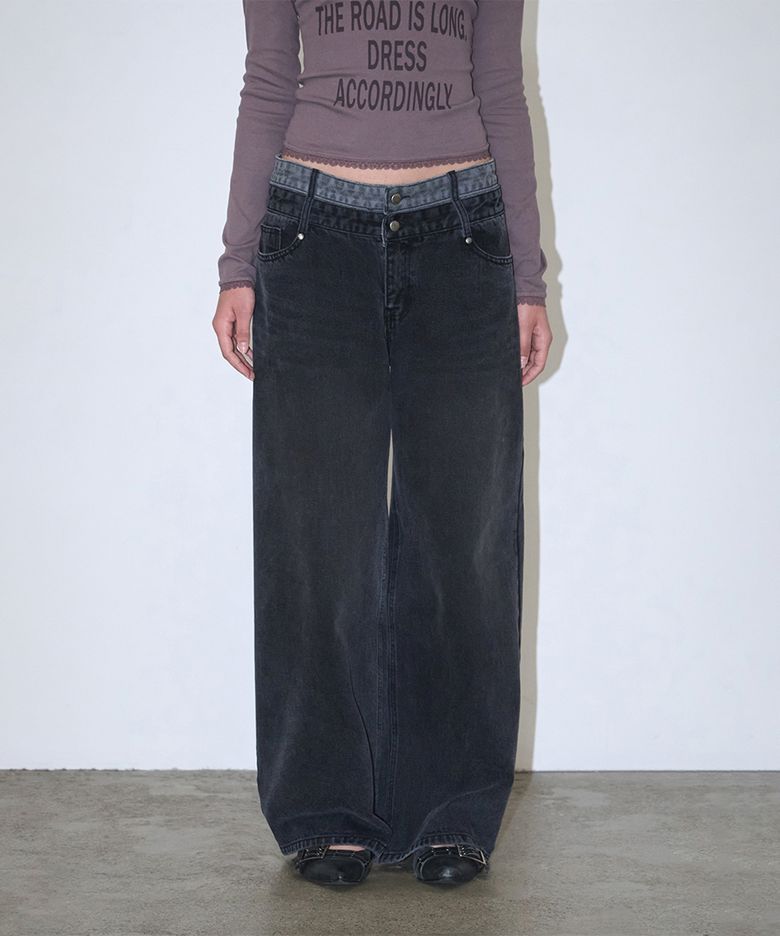 Double Waist Denim Pants - Black