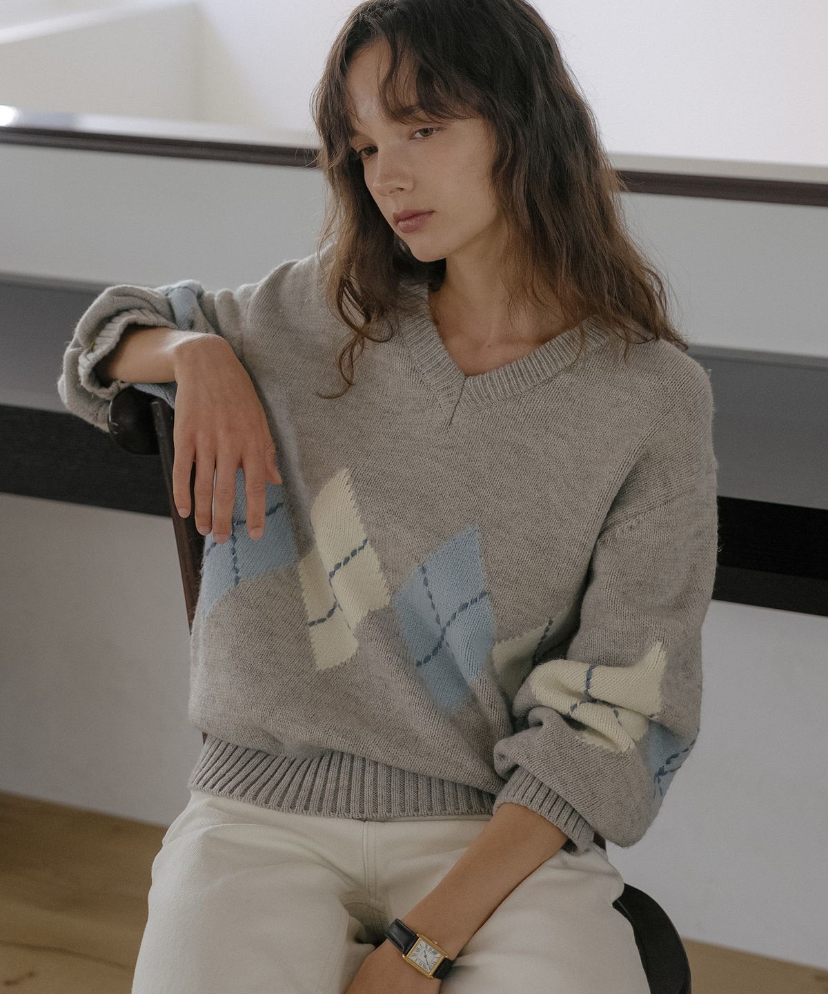 틸아이다이(TILL I DIE) Wool blended argyle v-neck knit [TIFA06SW05]_Light gray