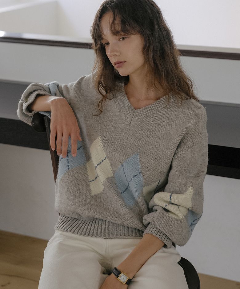 Wool blended argyle v-neck knit [TIFA06SW05]_Light gray