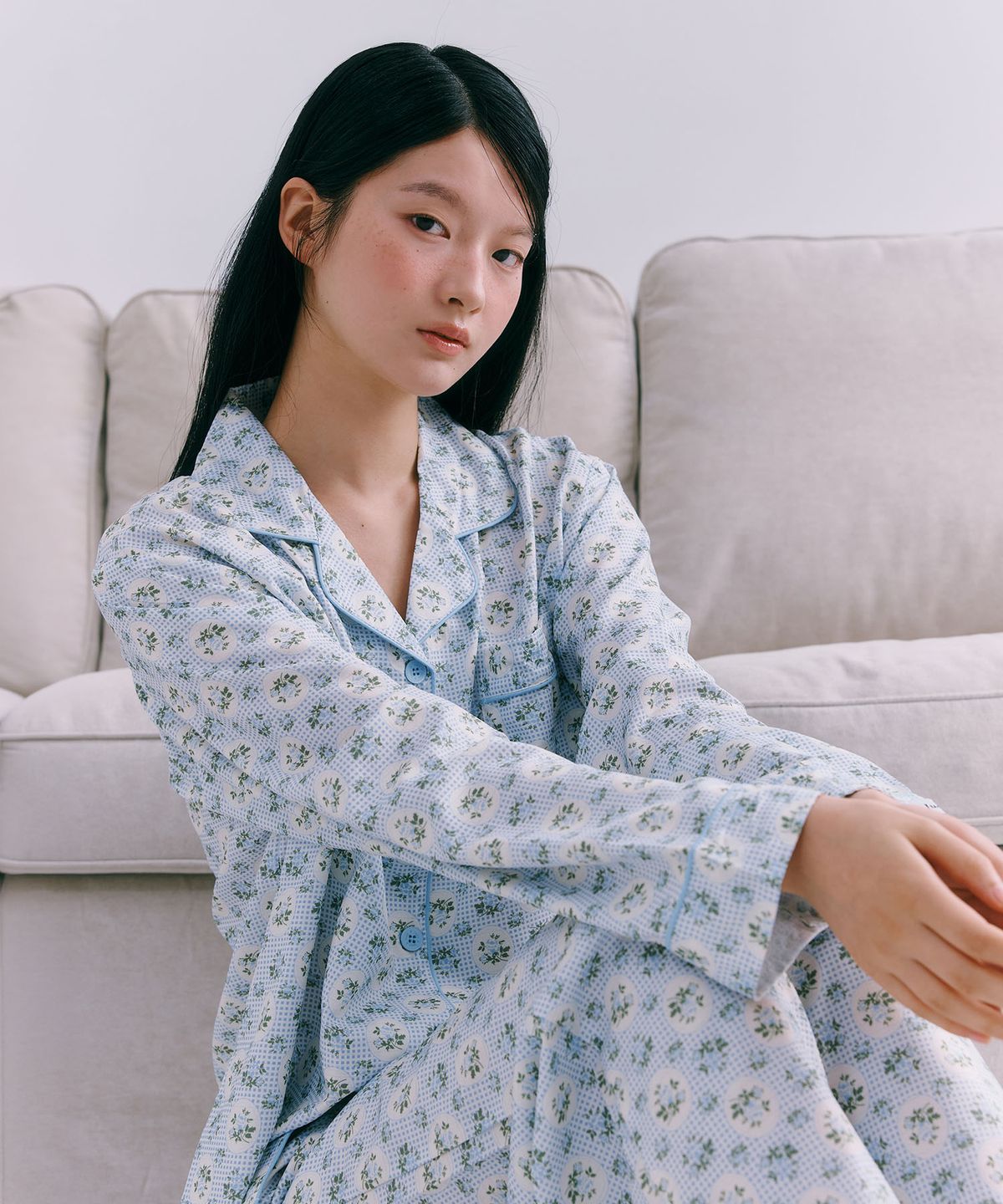 주디앤(JUDYN) 블루샤벳 여성 긴팔 잠옷 파자마 세트