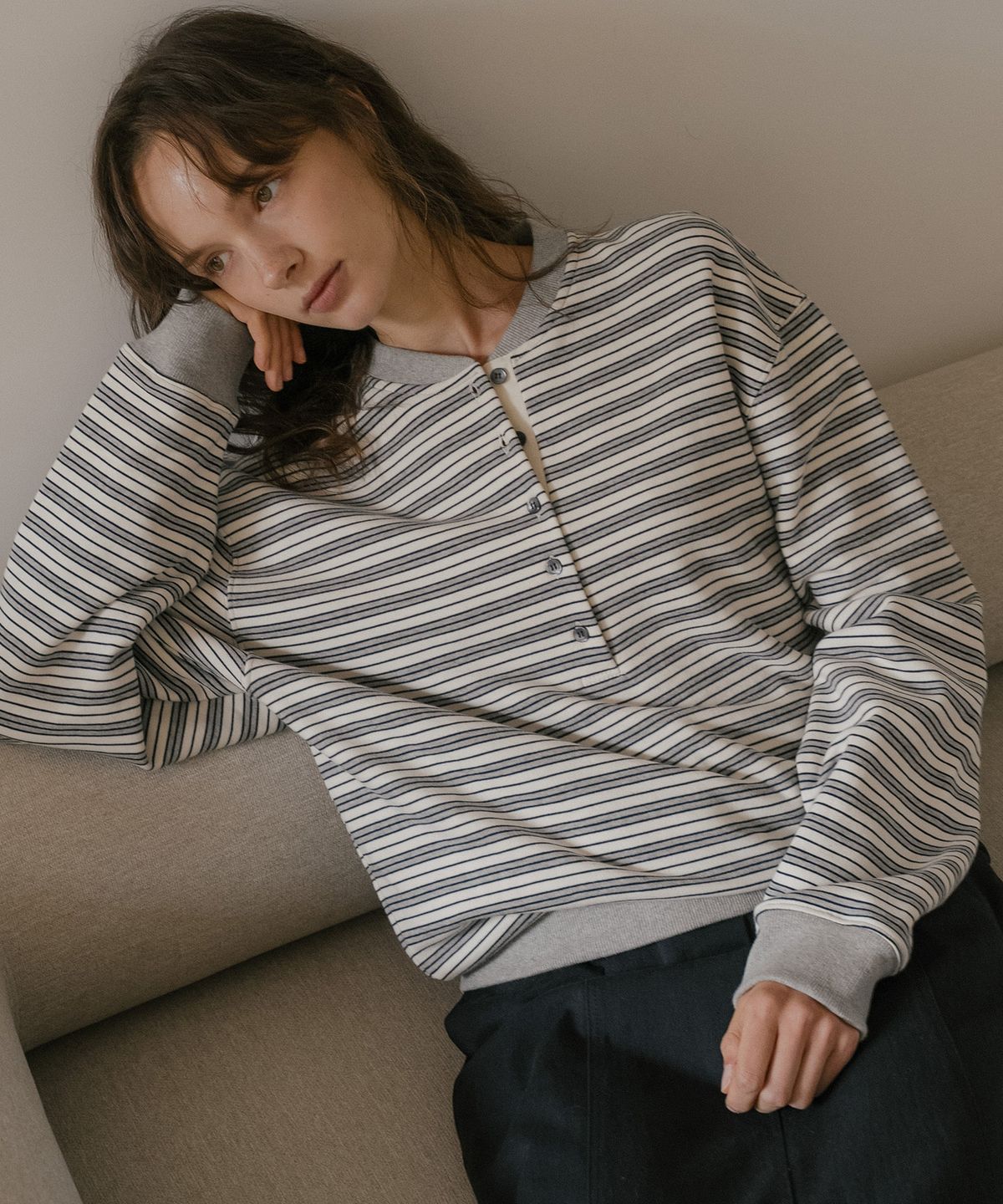 틸아이다이(TILL I DIE) Stripe henry sweatshirt [TIFA06LT09]_Ivory