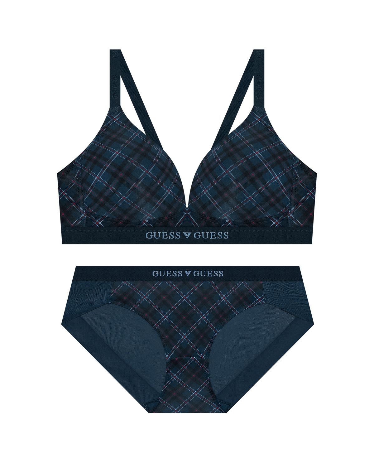 게스언더웨어(GUESS UNDERWEAR) 빈티지 타탄체크 노와이어 브라 팬티 세트