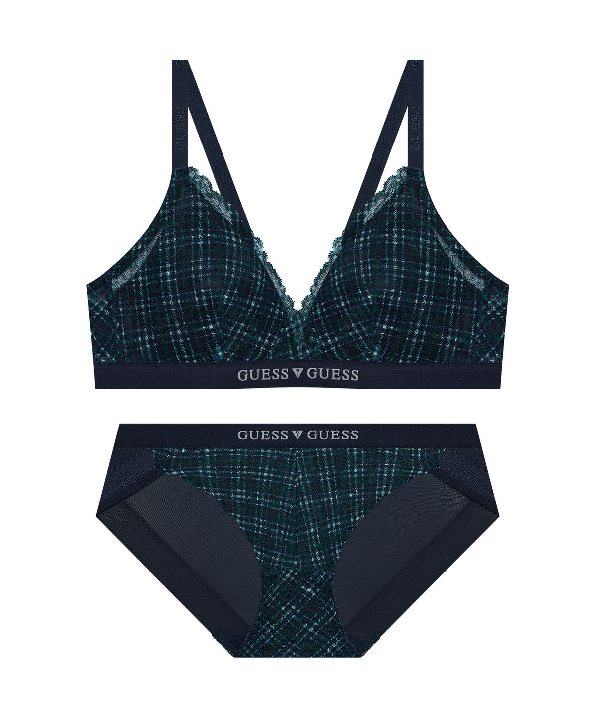 게스언더웨어(GUESS UNDERWEAR) 모던 타탄체크 레이스 브라렛 팬티 세트