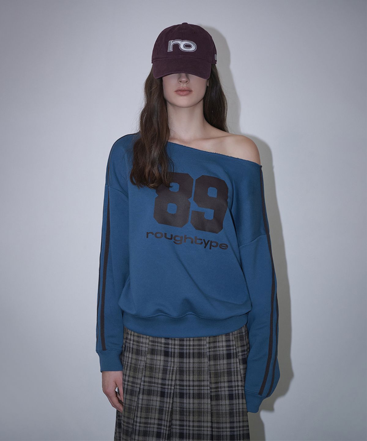 로타입(ROUGHTYPE) Trackline Off-Shoulder Sweatshirt - Blue green