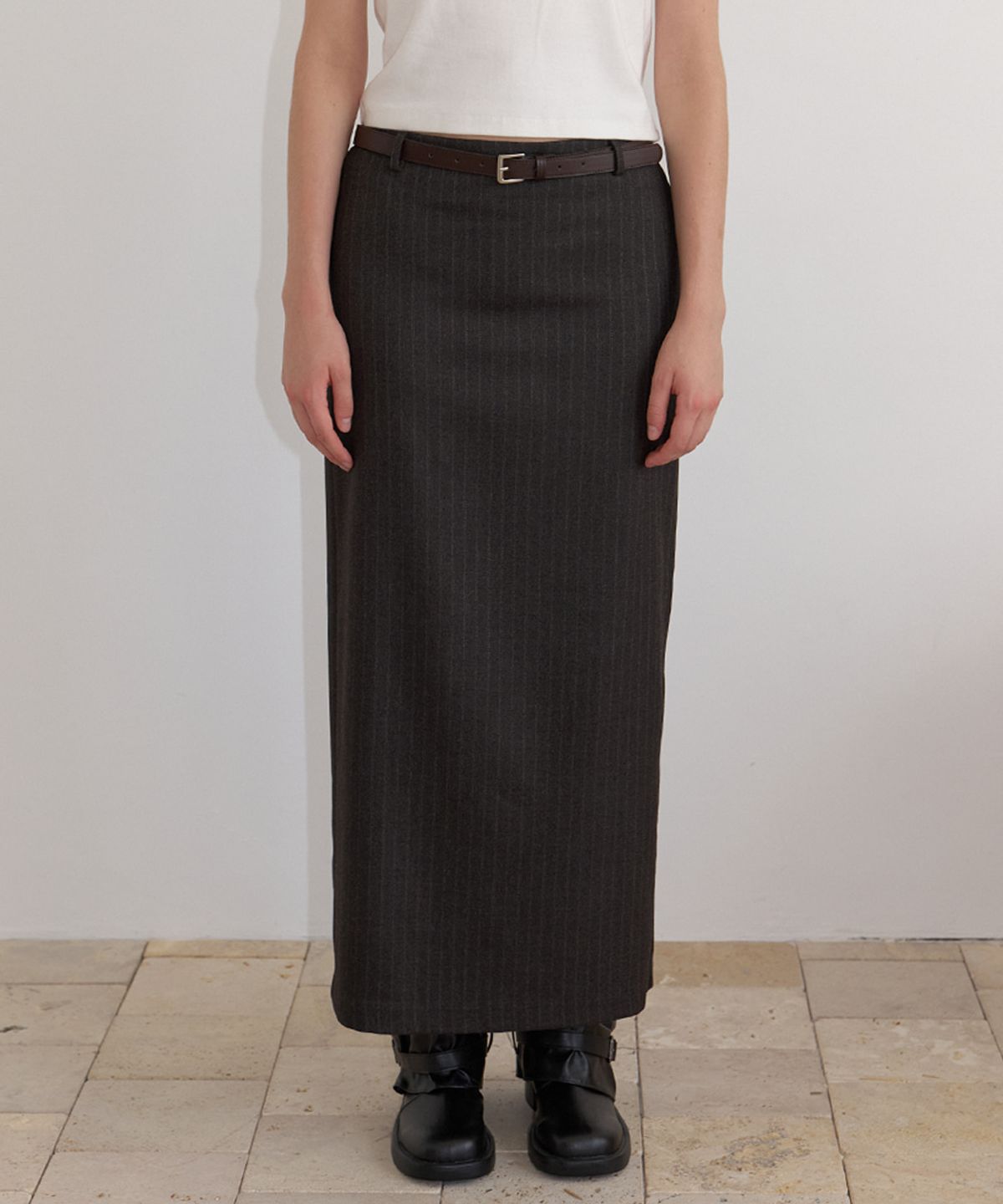 프리버07(FRIVER07) Stripe leather belted H-line skirt [FRFA06SK02]_Charcoal