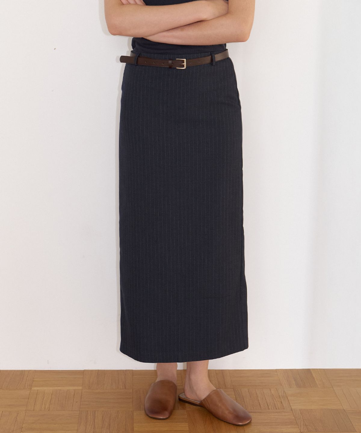 프리버07(FRIVER07) Stripe leather belted H-line skirt [FRFA06SK01]_Navy