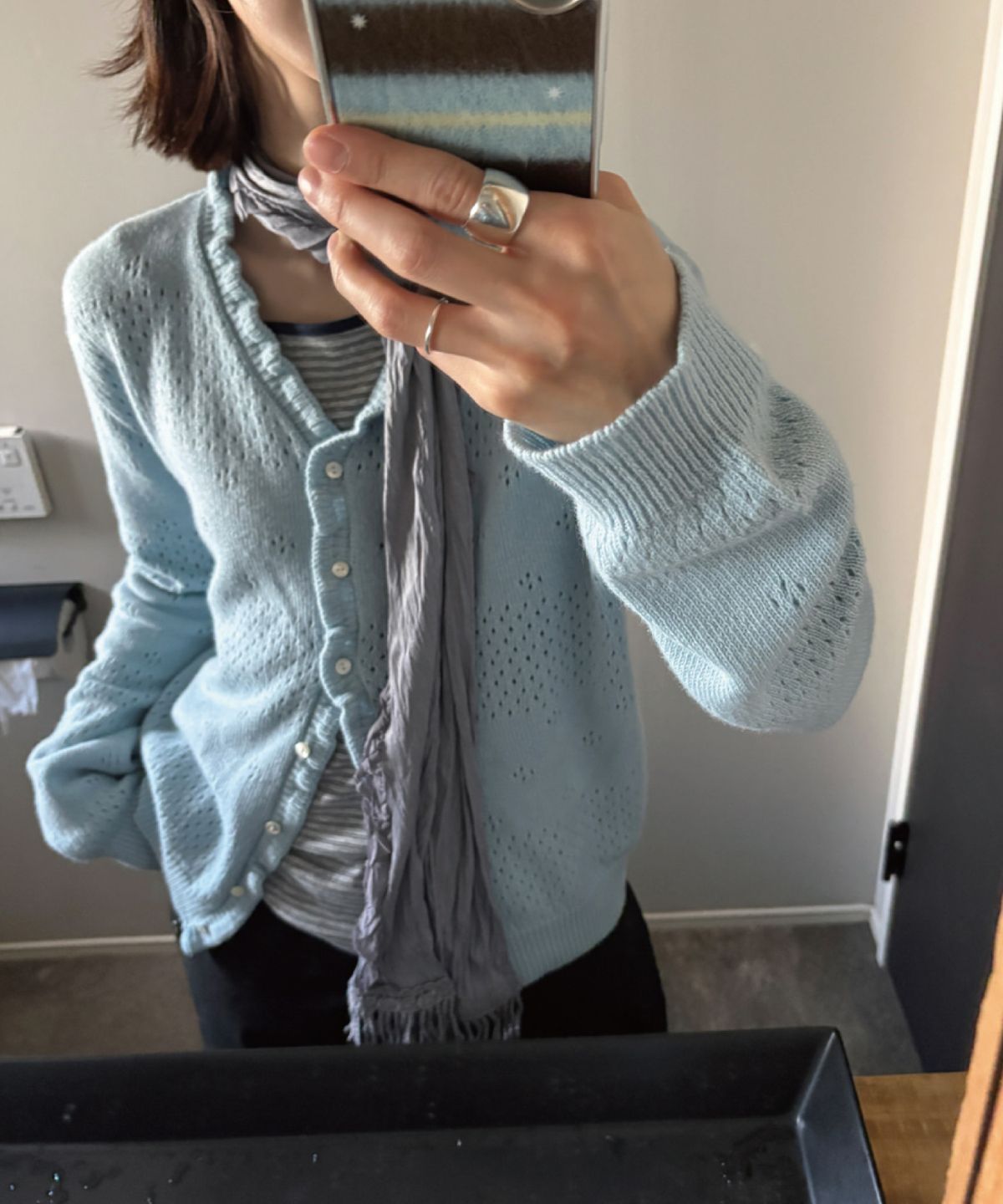 토아베(TOAVE) Marais Ruffle Pointelle Wool Cardigan (Sky)