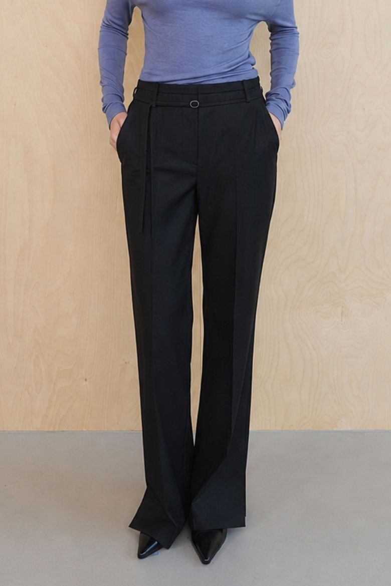 Belted Slit-Hem Wool Blend Pants, Black