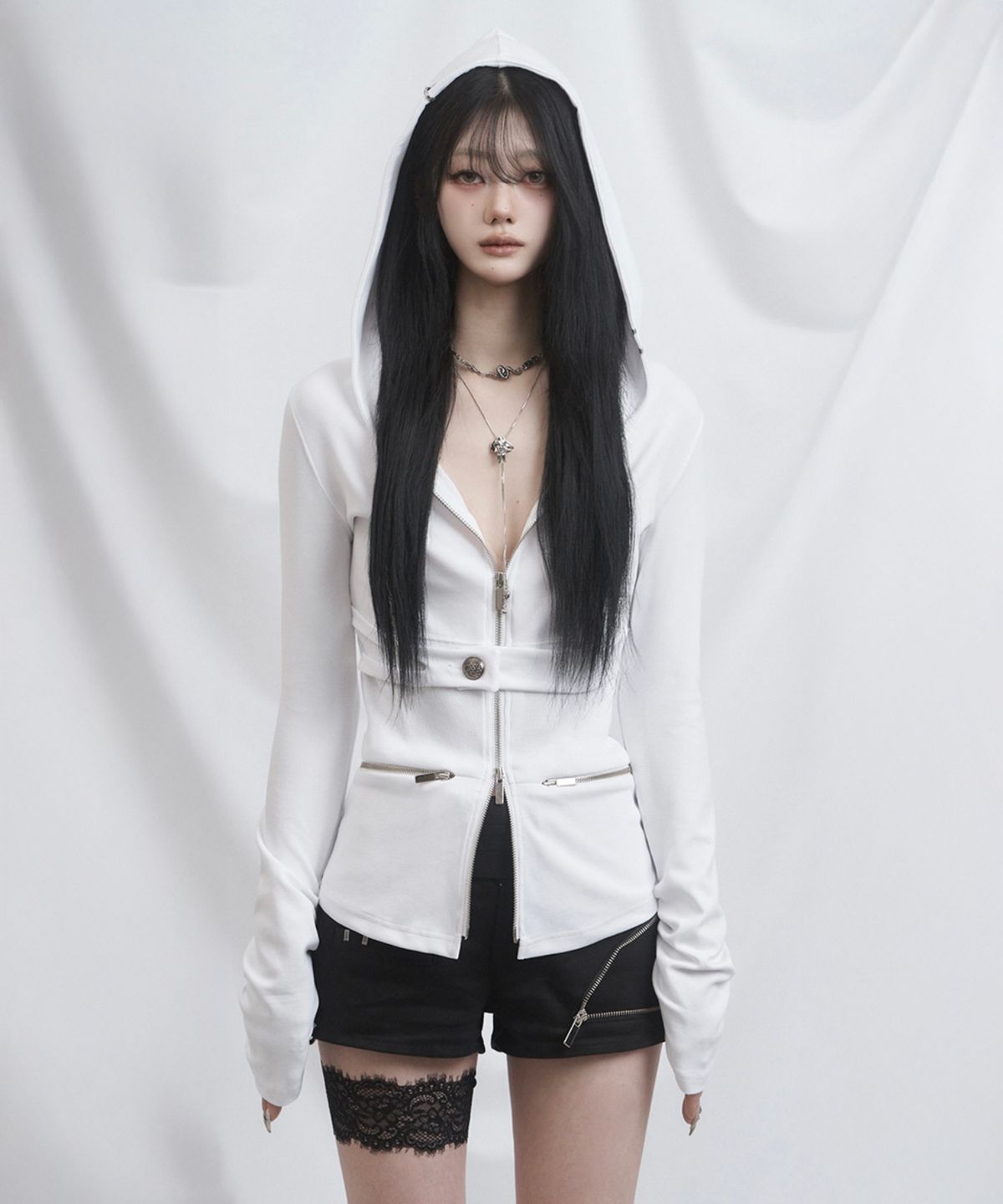 쇠아(SØAR) Cut-out banding hoodie zip-up (WHITE)